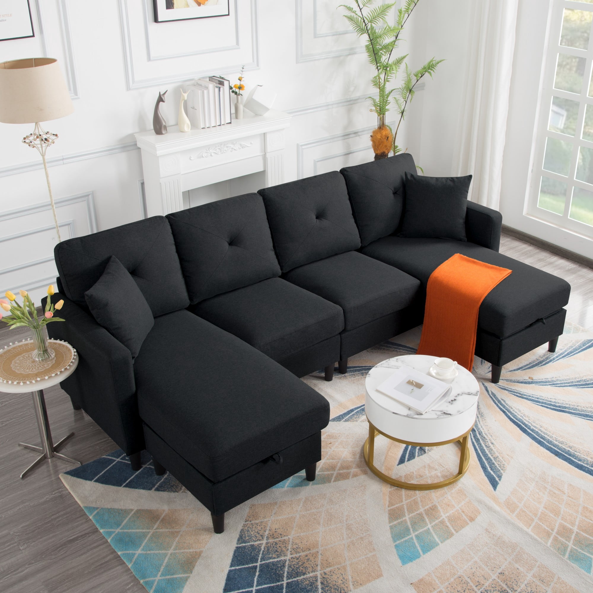Gewnee 99.2”U-Shaped Modular Modular Combination Sofa with Storage Ottomans,Modern Large-Sized Sofa,Suitable for Living room(Black)