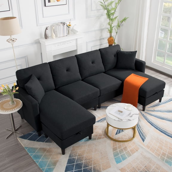 AENKYO U-Shaped Modular Sectional Sofa with Double Chaise and Storage, 4-Seat Linen Upholstered Couch, Black