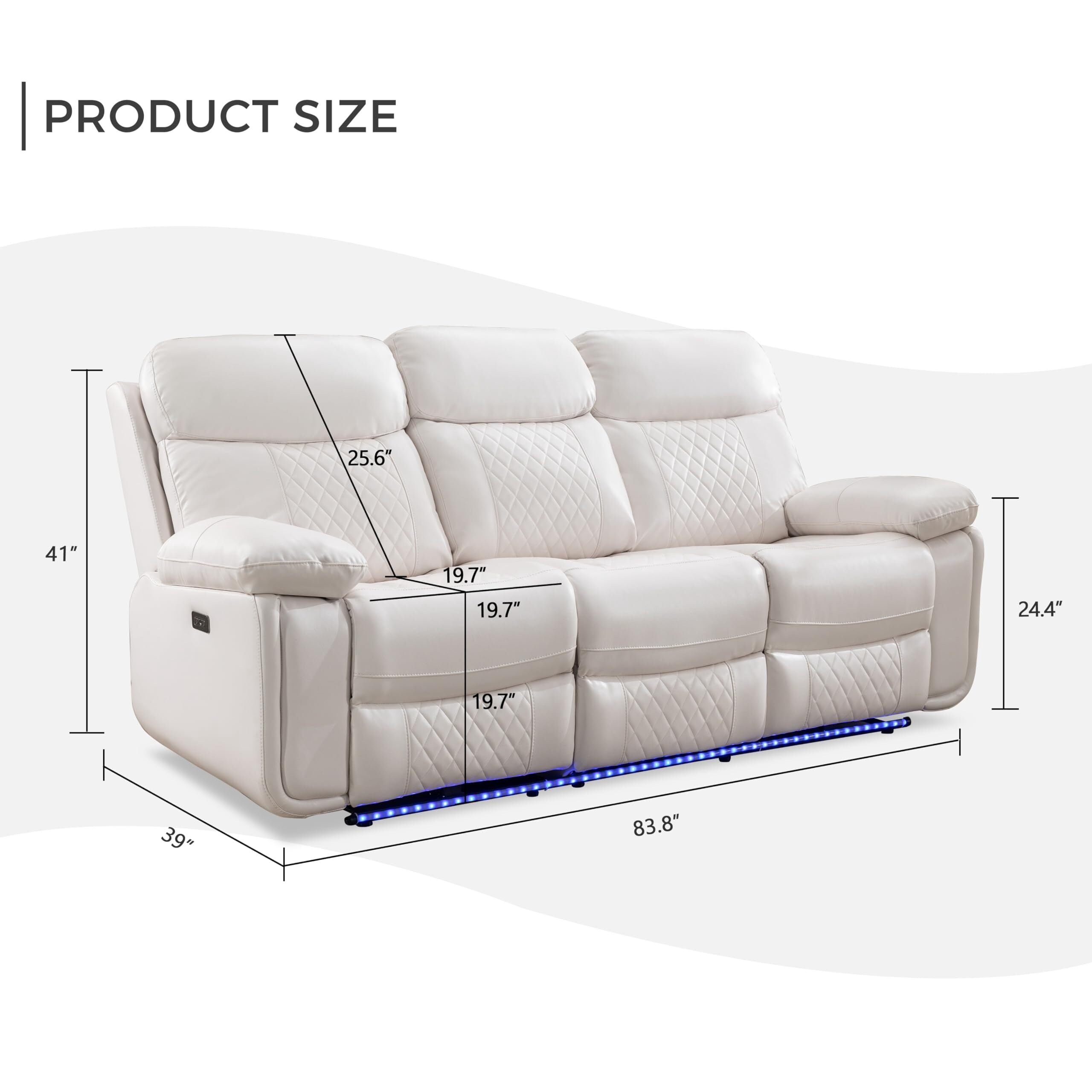 Comfort Stretch 3 Seater Power Recliner Chair Sofa Set for Living Room,Faux Leather Electric White Home Theater Seating Reclining Sofa Couch with Flipped Middle Backrest,LED Light,USB Port,Cup Holders