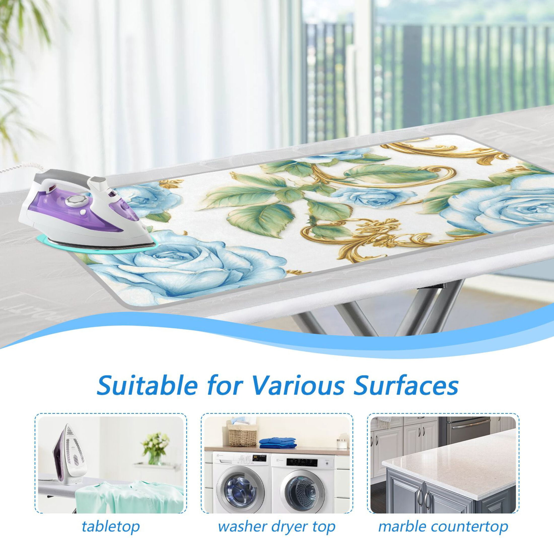 Elegant Blue Flowers Ironing Mat Blanket for Table Top Travel Portable Ironing Board Pad 47.2x27.6 Inch