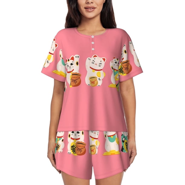 Balery Cute Cat Conjunto de Pijama para Mujer con Estampado, Dos Piezas de Manga Corta y Shorts, Ropa de Dormir Suave con Cuello Redondo y Bolsillos-Medium