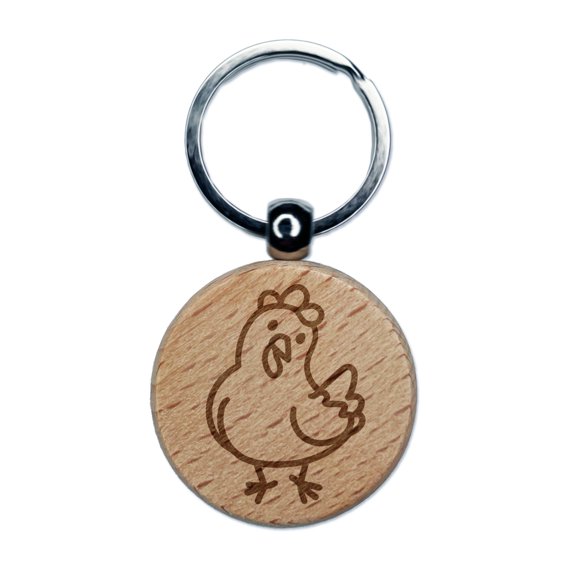 Cartoon Chicken Hen Tilting Head Round Keychain Charm Tag - Engraved Wood