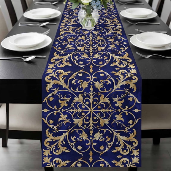 Abstract Blue Gold Table Runner 90 Inches Long, Luxurious Traditional Flower Leaf Kitchen Coffee Dining Table Decoration for Home Party Birthday Wedding Home Decor 13x90 Inches