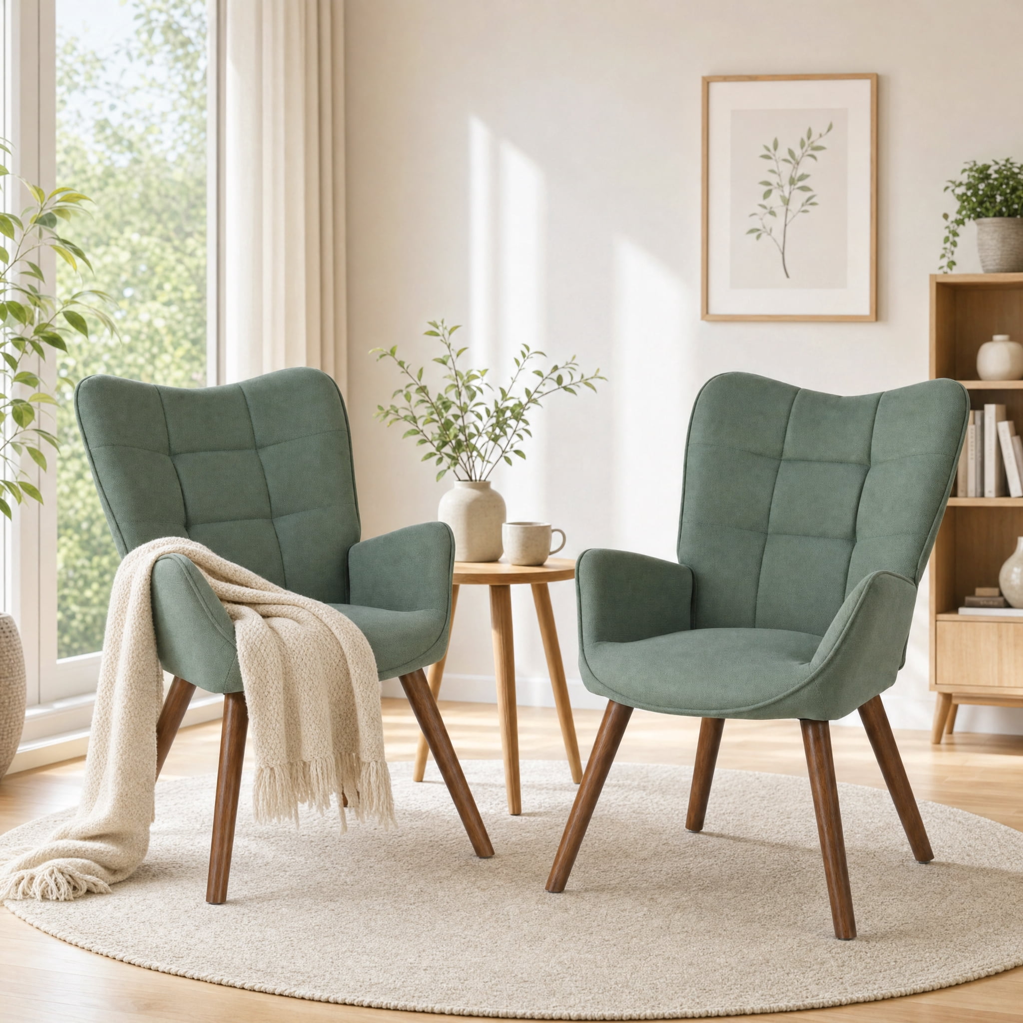 Homy Casa Green Accent Chair, High Back Upholstered Armchair with Walnut Legs for Bedroom