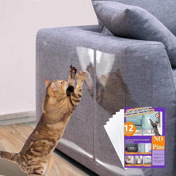 Anti-Cat Scratch Protector-12 Pack: Single-Side Couch Protector, Self-Adhesive Cat Tape, Clear Scratch Deterrent for Furniture & Doors (12P, No Pins)
