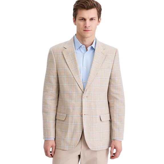 Nautica Mens Modern fit Linen Cotton Sport Coat Blazer 48 R Tan Blue Plaid