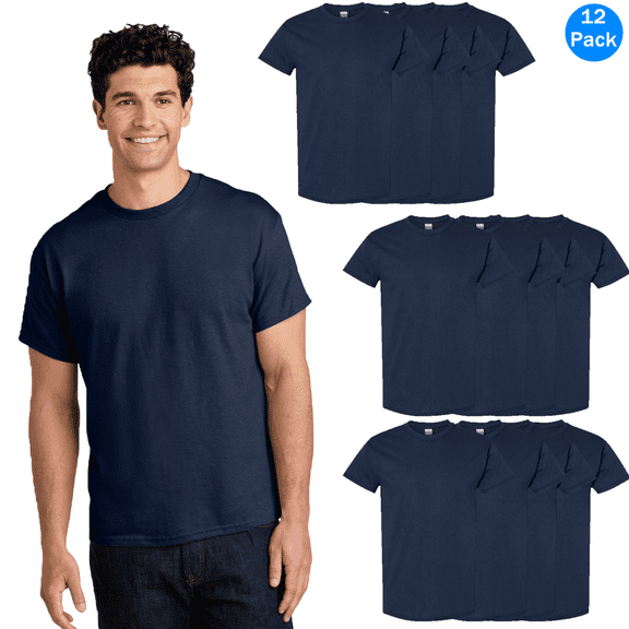 Gildan Men’s Heavy Cotton Short Sleeve T-Shirt, Taped Neck Blank Navy Casual Tee, 12 Pack, S