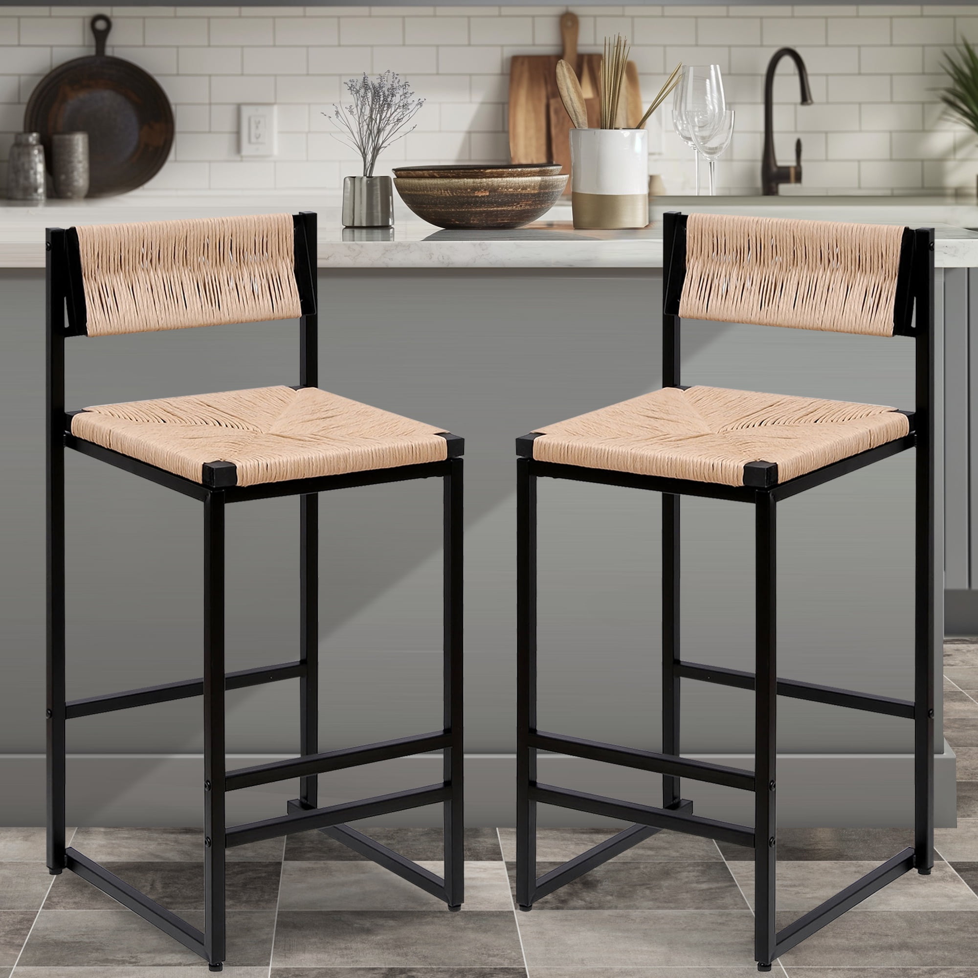 SYNGAR Bar Stools with Back Sets of 2, Woven Bar Chair with Metal Legs, Counter Height Bar Stools, Bar Chairs for Kitchen Bars Restaurants, Tufted Barstools Set, Honey