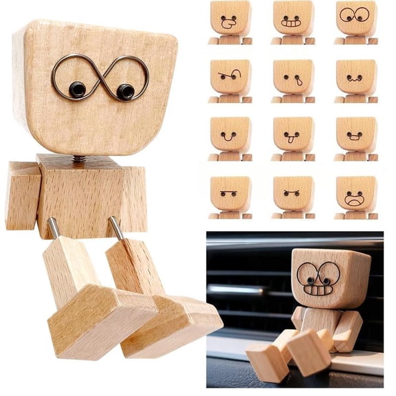 Shaking Wooden Man Car Dashboard Accessories, Handmade Wood Desktop Decor, Funny Cars Ornaments Shak Feet Woodens Doll with 12PCS Magnetic Expressions