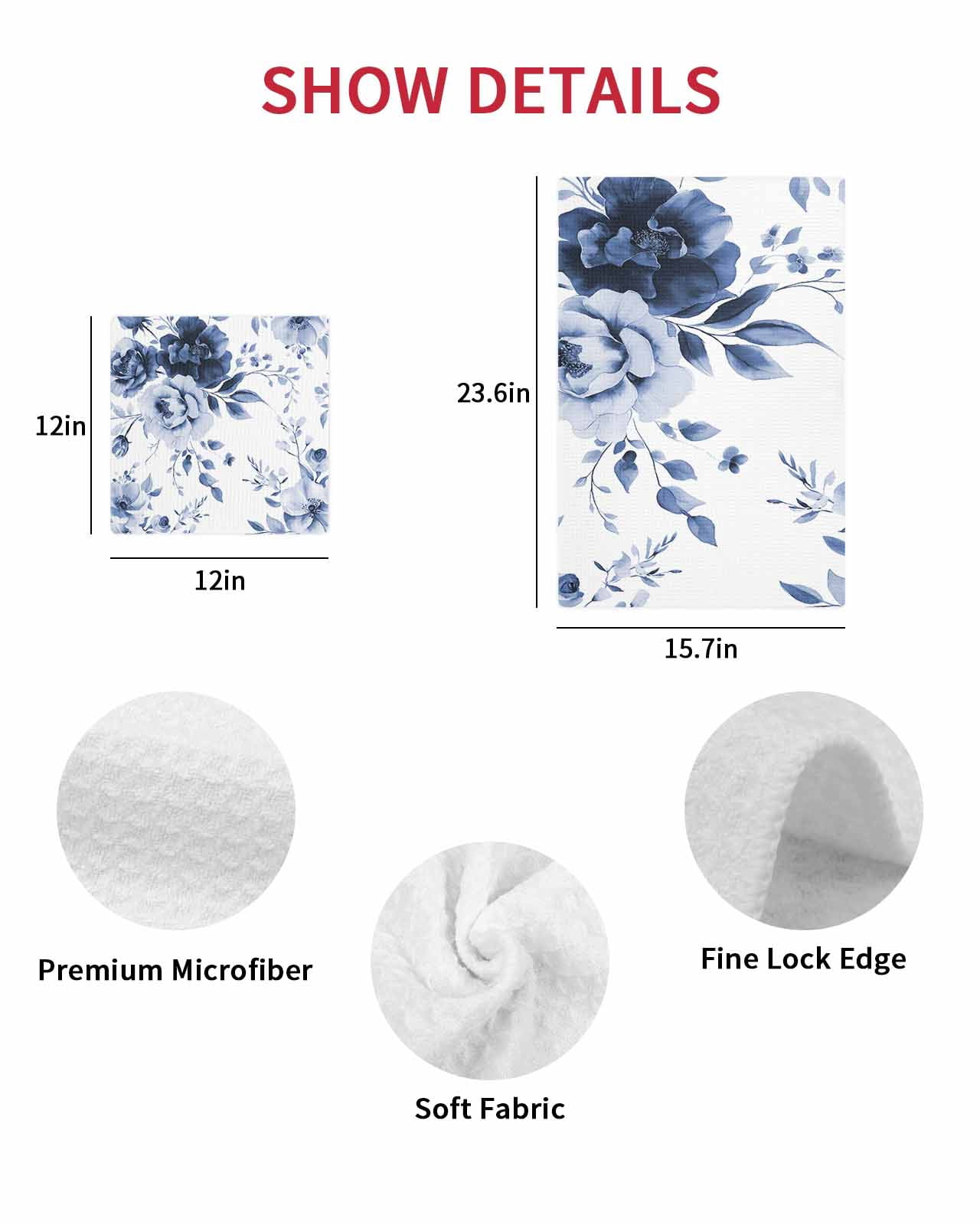 Blue Floral Art Kitchen Dish Towels for Drying Dishes Set of 4, Watercolor Botanical Spring Flowers Waffle Weave Microfiber Terry Hand Tea Bathroom Towels Quick Dry & Absorbent Towel 15.7x23.6