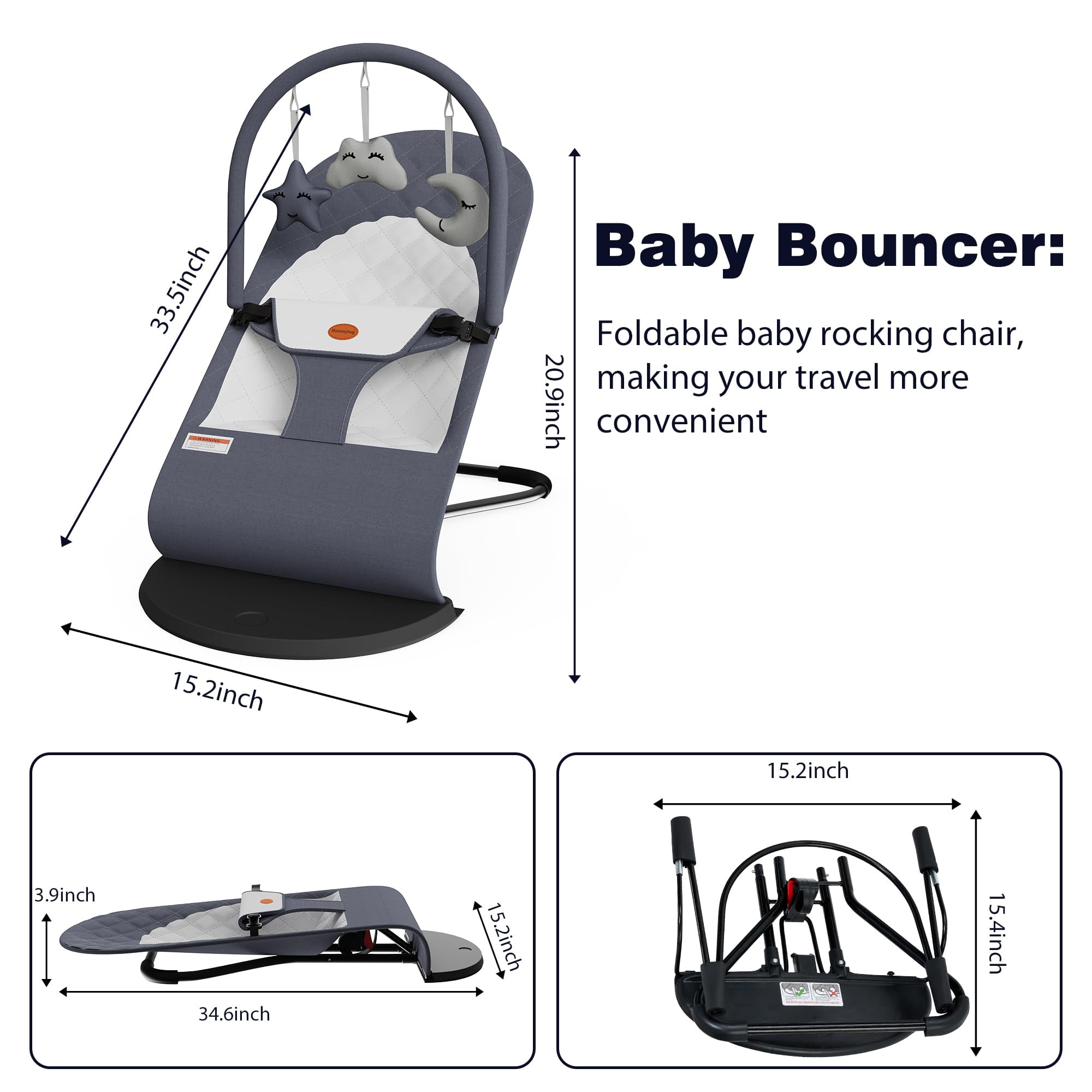Baby Bouncer, Portable Baby Bouncer Seat for Babies 0-18 Months, 3 Modes of Use with Rocker & Stationary Options, Ergonomic Infant Chair with Hanging Toys Grey