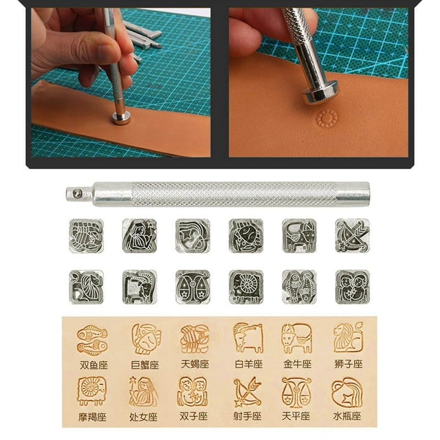 pitrice 12pcs Leather Craft Working Saddle Making DIY Handmade Genuine Cowhide Carving Tools Carving Metal Stamps Set Constellation