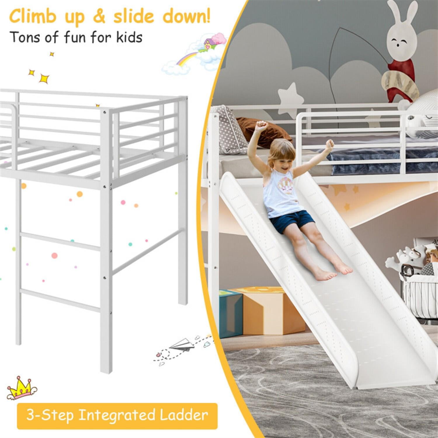 Demi Bonn Twin Metal Loft Bed with Slide Safety Guardrails and Built-in Ladder for Teens, White