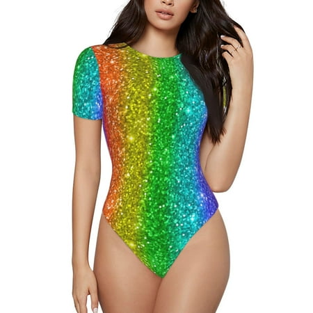 Daiia Glitter Rainbow print Women s Crew Neck Short Sleeve Bodysuit Fashion Tops Fit Casual Basic Extender Bodysuit-Large