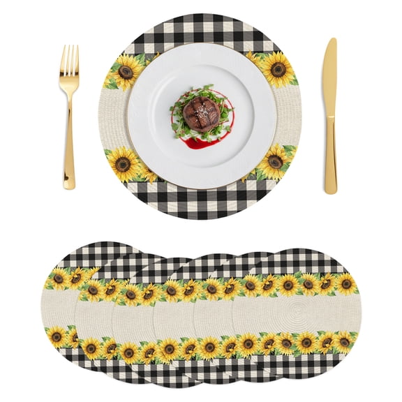 Round Placemats Farmhouse Sunflowers 15 inch Set of 6 Table Mats for Dining Table Country Black White Plaid Heat Resistant Non-Slip Kitchen & Home Decorative Place Mat Set
