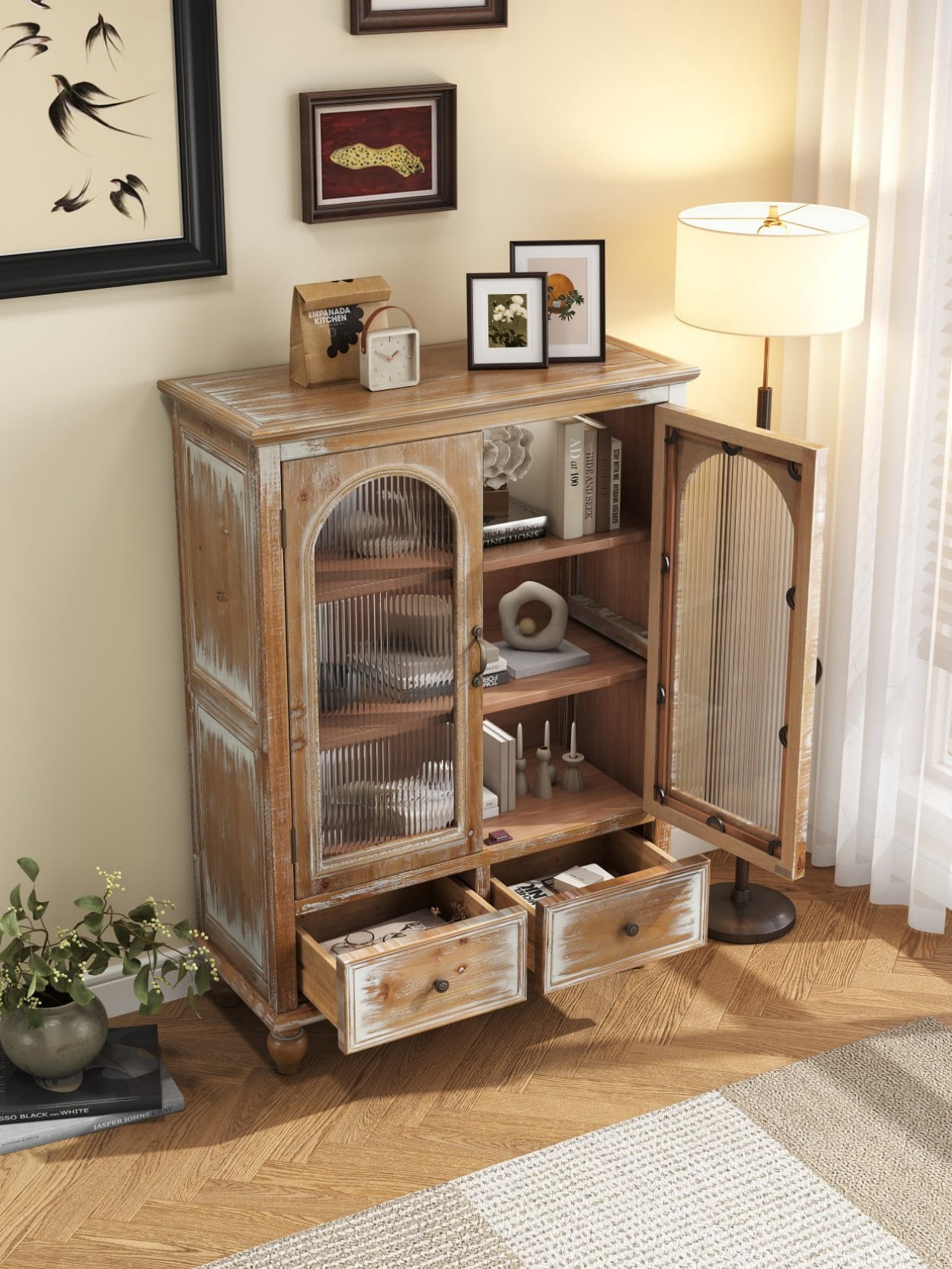 Farmhouse Storage Cabinet, Rustic Kitchen Pantry Cabinet with 2 Glass Doors, 2 Drawers, Adjustable Shelves, Freestanding Buffet Cupboard, Vintage Hutch Cabinet, Antique Brown