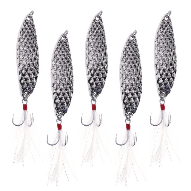 5pcs cucharas señuelos de pesca dura anzuelos triples señuelos de pesca de metal cebos accesorios de pesca (señuelo de plata + pluma blanca)