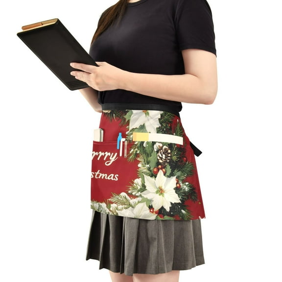 Green Wreath Christmas Server Apron with 3 Pockets Waist Apron for Waiter Waitress
