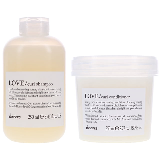 davines paquete combinado de champú potenciador de rizos love curl de 8,5 oz y acondicionador potenciador de rizos love curl de 8,77 oz: botella translúcida de 250 ml (8.45 oz) con etiqueta blanca para shampoo y tarro translúcido de 250 ml (8.77 oz) para acondicionador, etiquetas con texto negro que indican extracto de almendra y la marca Davines; vista frontal sobre fondo blanco, indicado para cabello rizado u ondulado. Su tamaño compacto lo hace adecuado para llevar en viajes cortos.