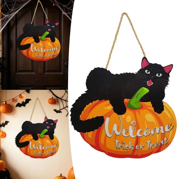 Halloween Wood Hanging Sign Welcome Trick Or Treat Black Cat Pumpkin With Light Decor Sign For Front Door Halloween Decorations Halloween Party Decorations