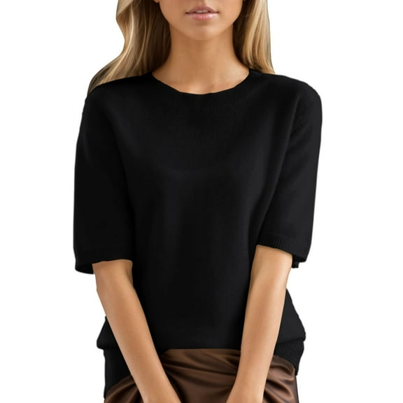 LQCMBYF Blouses for Women Dressy Casual Round Neck Short Sleeved Loose T Shirt With A Knit Bottom Short Top Womens Tops Tshirts (Black,L)