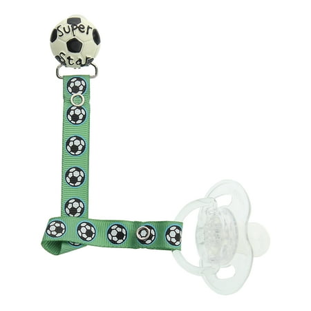 Black Soccer Ball Pacifier Clip with Matching Mint Green Ribbon