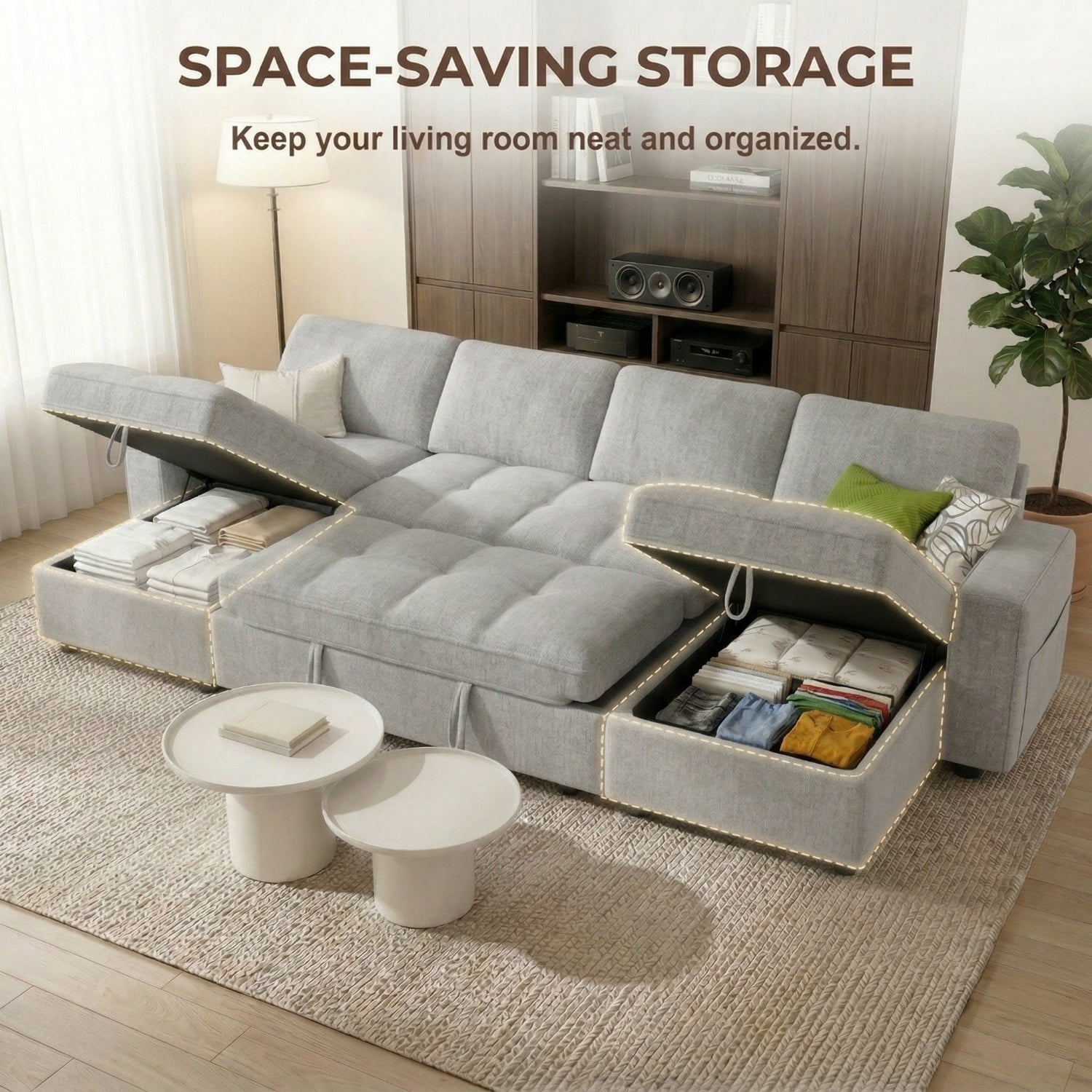 104" U-Shaped Sectional Sleeper Sofa Bed with Pull Out Couch, Large Chenille Sofa with Double Chaises and USB Ports, Creamy Beige