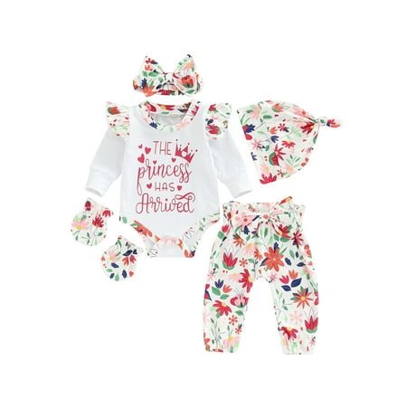 

Newborn Infant Baby Girls 5Pcs Outfits Letter Long Sleeve Romper Floral Pants Hat Headband Gloves Clothes