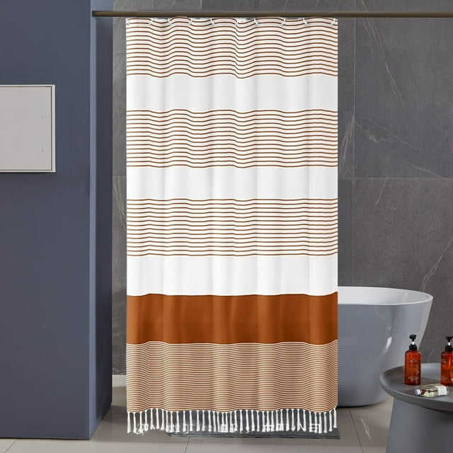 PRETXORVE Rideau de Douche en Faux Lin Imperméable pour la Maison à Franges avec Empiècements Rideaux de Salle de Bain