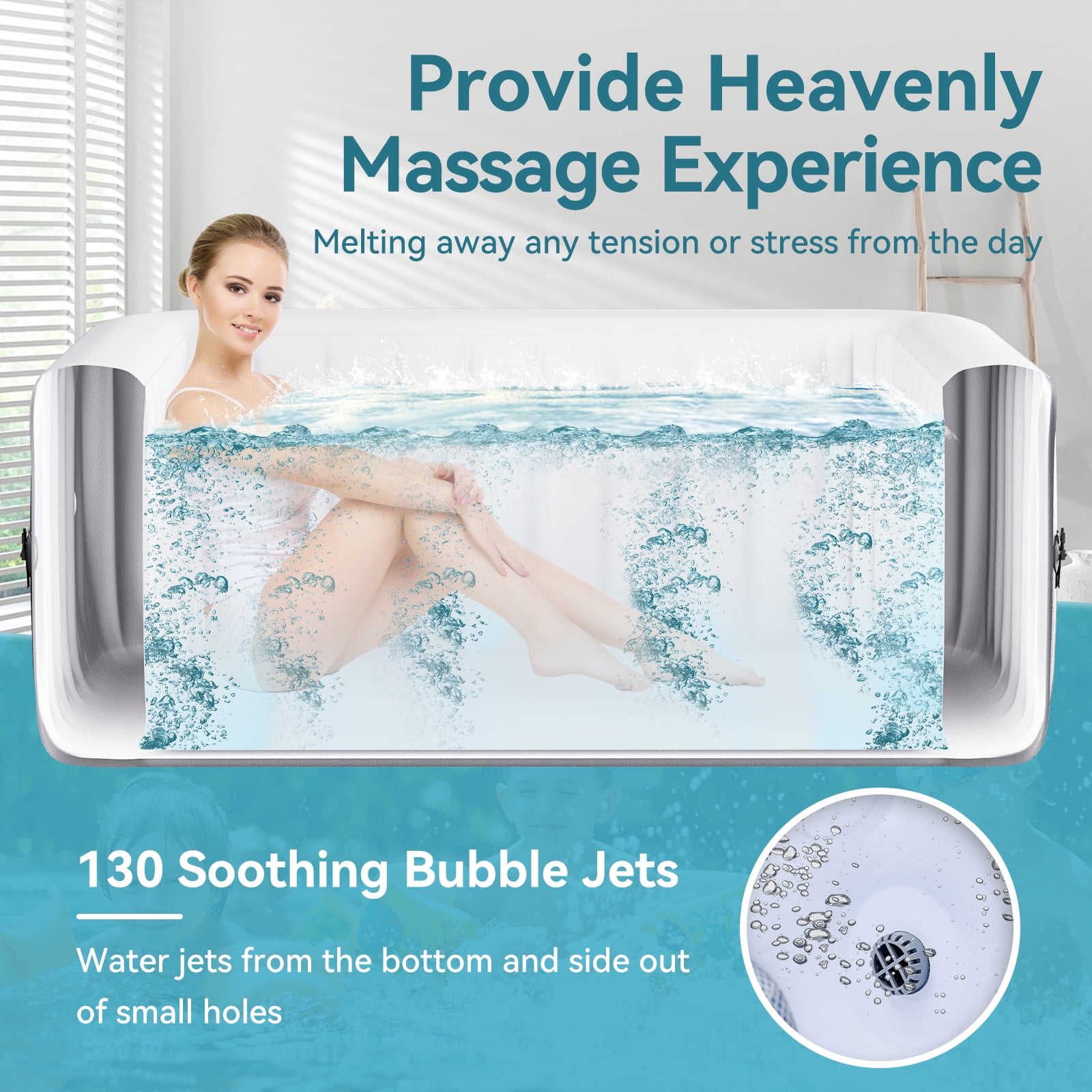 MOPHOTO Hot Tub - 73” X 73” X 25” Inflatable Hot Tub, 4-6 Person Portable Blow Up Hot Tub Square Portable Outdoor Spa with 130 Bubble Jets and Built in Heater Pump, Filter