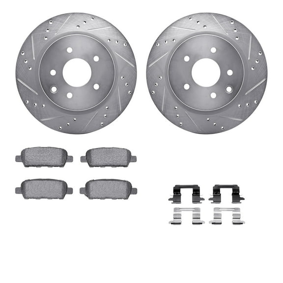 Dynamic Friction Company Rear Brake Rotors-Drilled and Slotted-Silver with 5000 Advanced Brake Pads includes Hardware 7512-67100