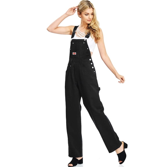 Revolt PLUS SIZE Women's Juniors Baggy Straight Leg Twill/Denim Overalls (14, Black)