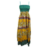 Mogul Womens Beach Sundress Speghatti Strap Patchwork Printed Smocked Bodice Maxi Dress
