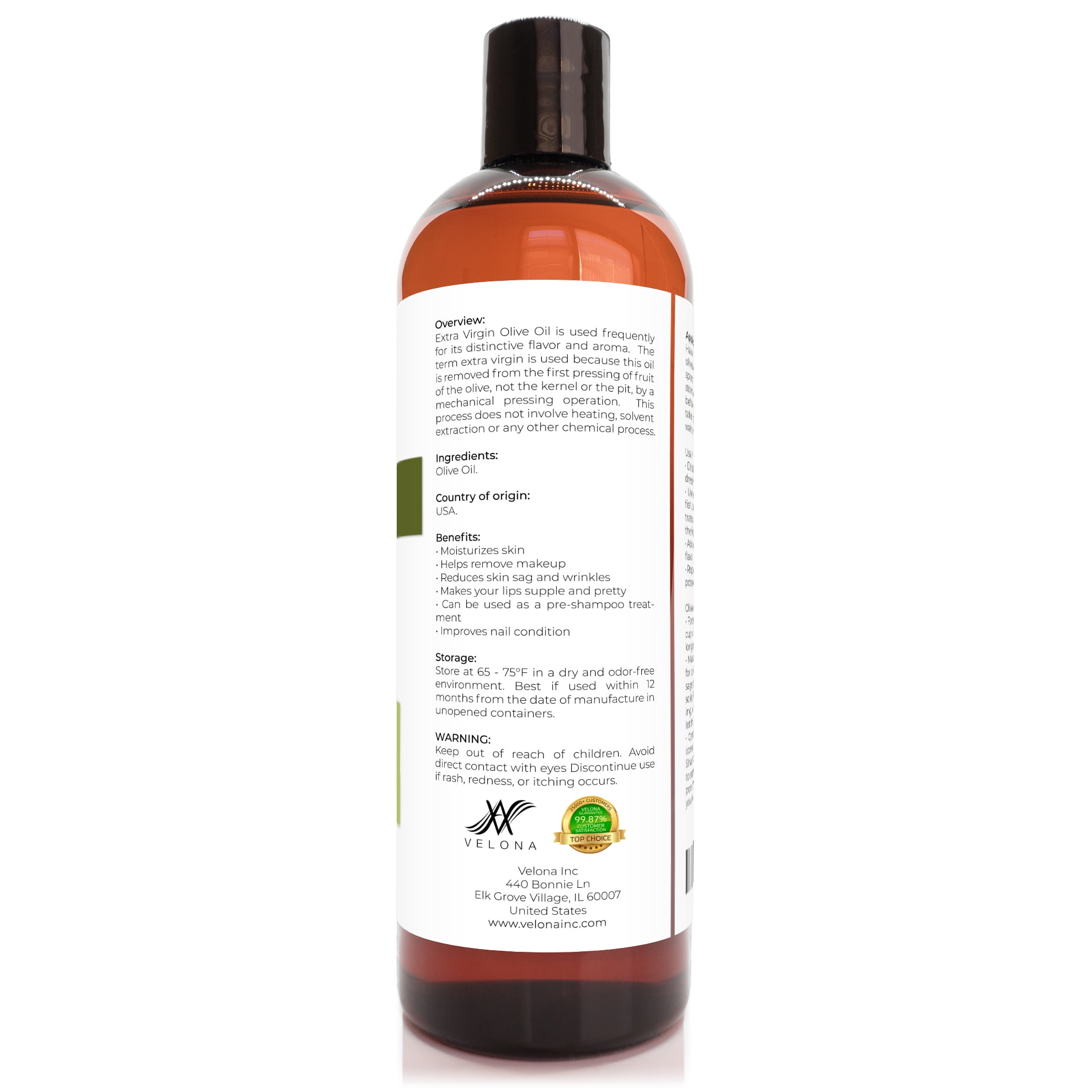 Velona Extra Virgin Unrefined Olive Oil | All Natural Clear Carrier Oil for Cooking and Face, Hair, Body & Skin Care  16 oz