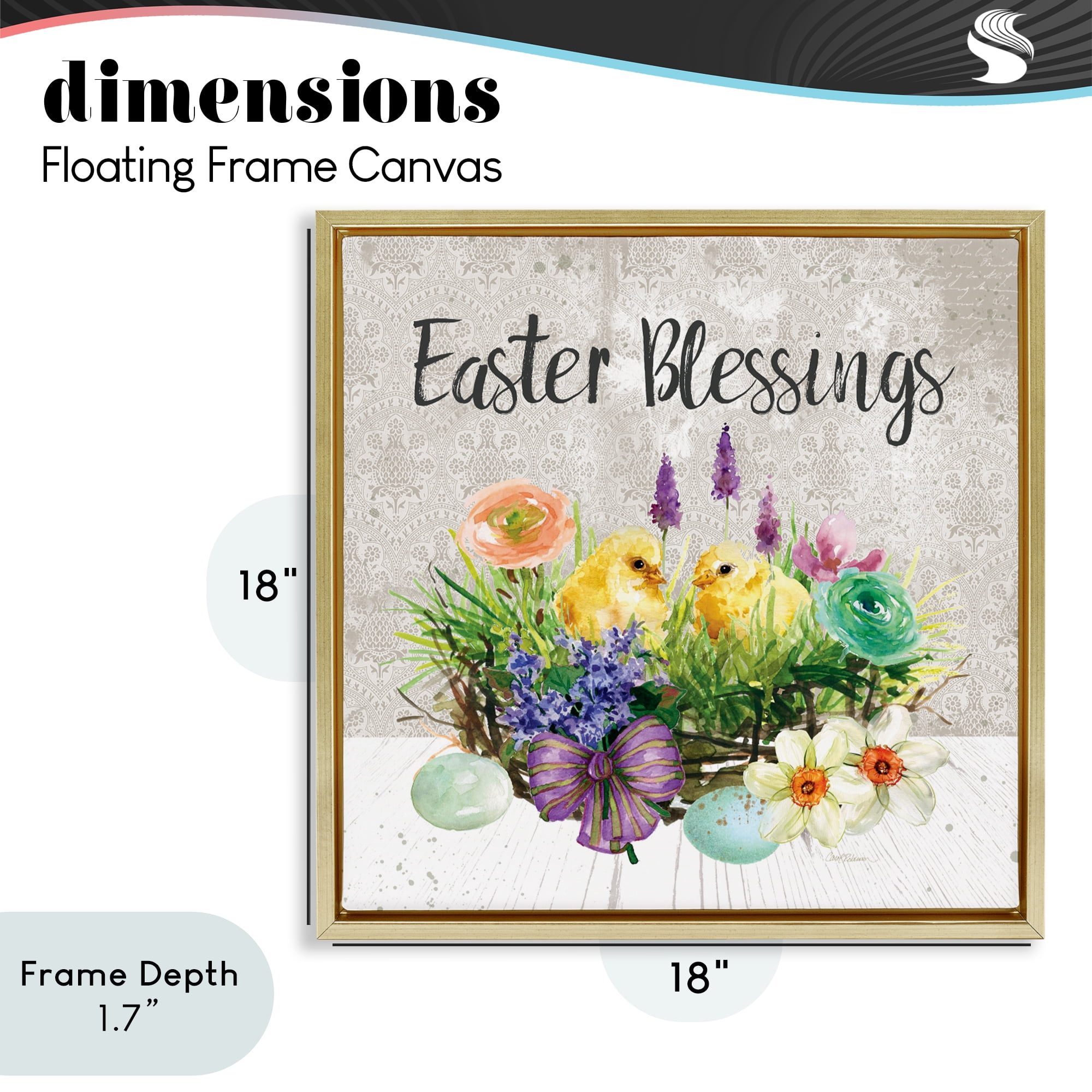 Stupell Industries Easter Blessings Basket of Flowers Gold Framed Floater Canvas Wall Art, design by Carol Robinson