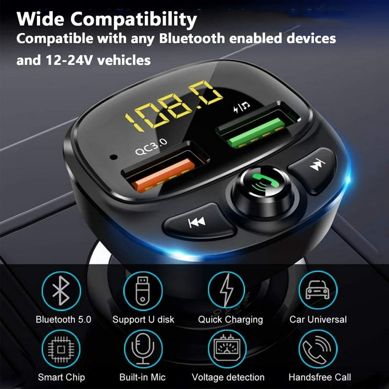 5.0 Bluetooth FM Transmitter for Wireless Bluetooth FM Radio Adapter Music Player /Car Kit with Hands-Free Calls,2 USB Ports,Support U Disk/TF Card - Walmart.com