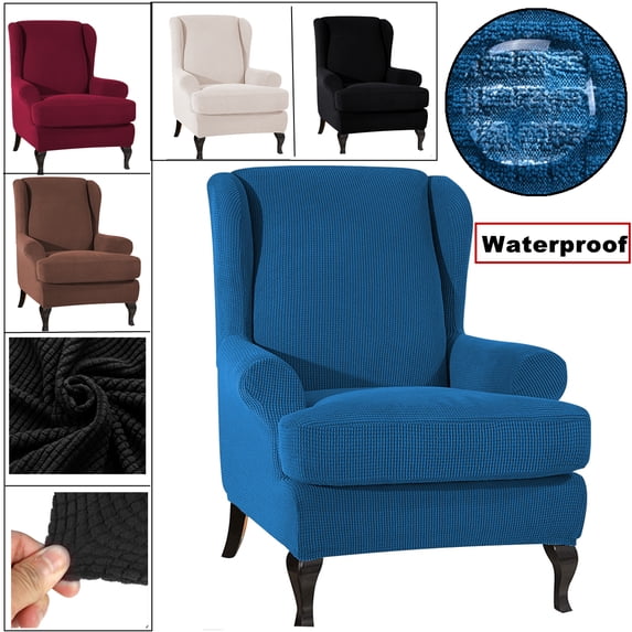 2-Pieces Spandex Elastic Arm Chairs Wingback Chair Cover Waffle Fabric Wing Back Furniture Protector Stretch Sofa Slipcovers Covers Mat for Living Room