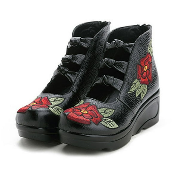 Women's Back Zipper Platform Shoes Comfort Leather Wedge Pumps For Ladies