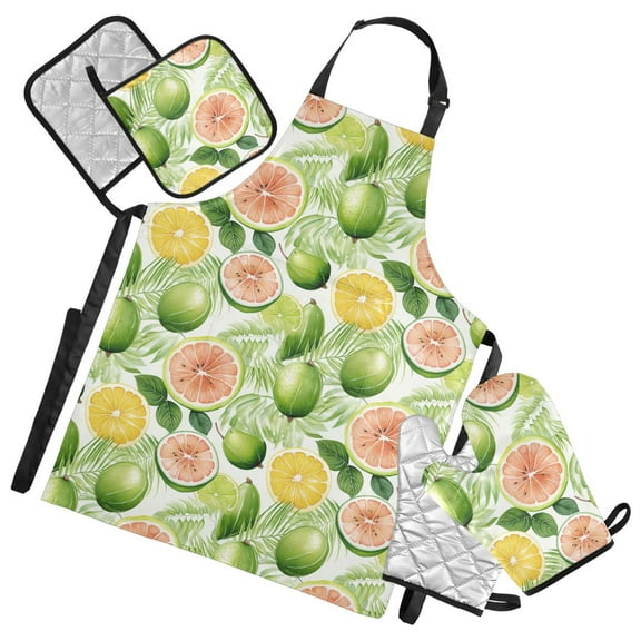 Watermelon Orange Leaf 5 Pcs Kitchen Set Heat Resistant Oven Mitts and Non-Slip Pot Holders with Adjustable Cooking Apron