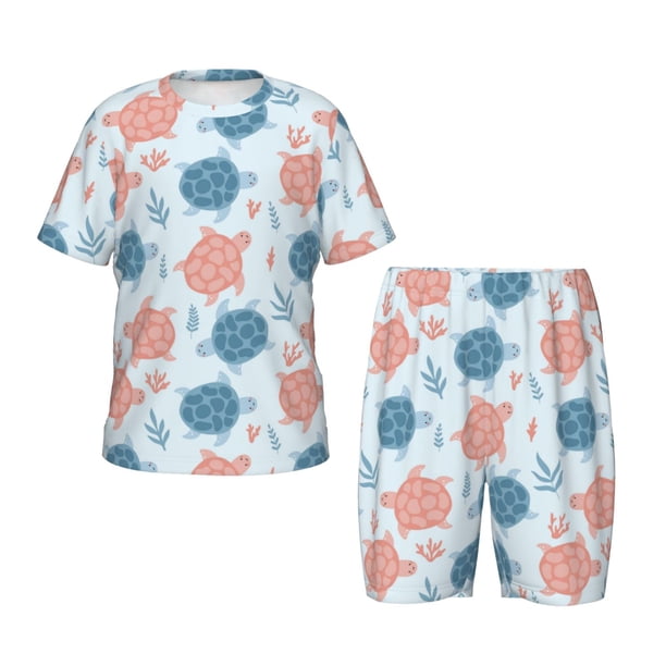 Fotbe Sea Turtle Pijama Estampada de 2 Piezas para Niños – Ropa de Dormir de Manga Corta Cómoda para Niños y Niñas, Camiseta y Shorts de Algodón-Large