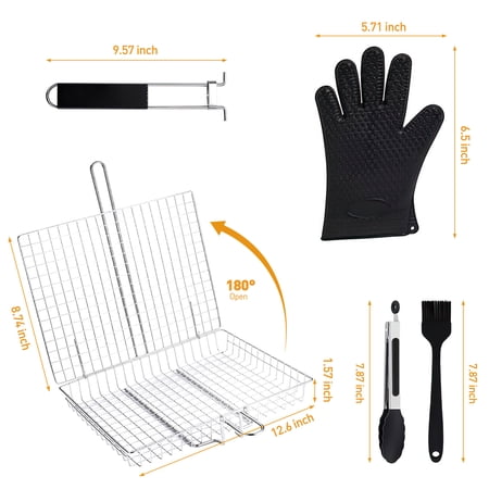 XUEYU FISH GRILLING BASKET, FOLDING PORTABLE BBQ GRILL BASKET FOR FISH VEGETABLES SHRIMP WITH REMOVABLE HANDLE, GRILL BASKET FOR OUTDOOR GRILL，COME WITH BASTING BRUSH AND GLOVES，BARBECUE CLIP