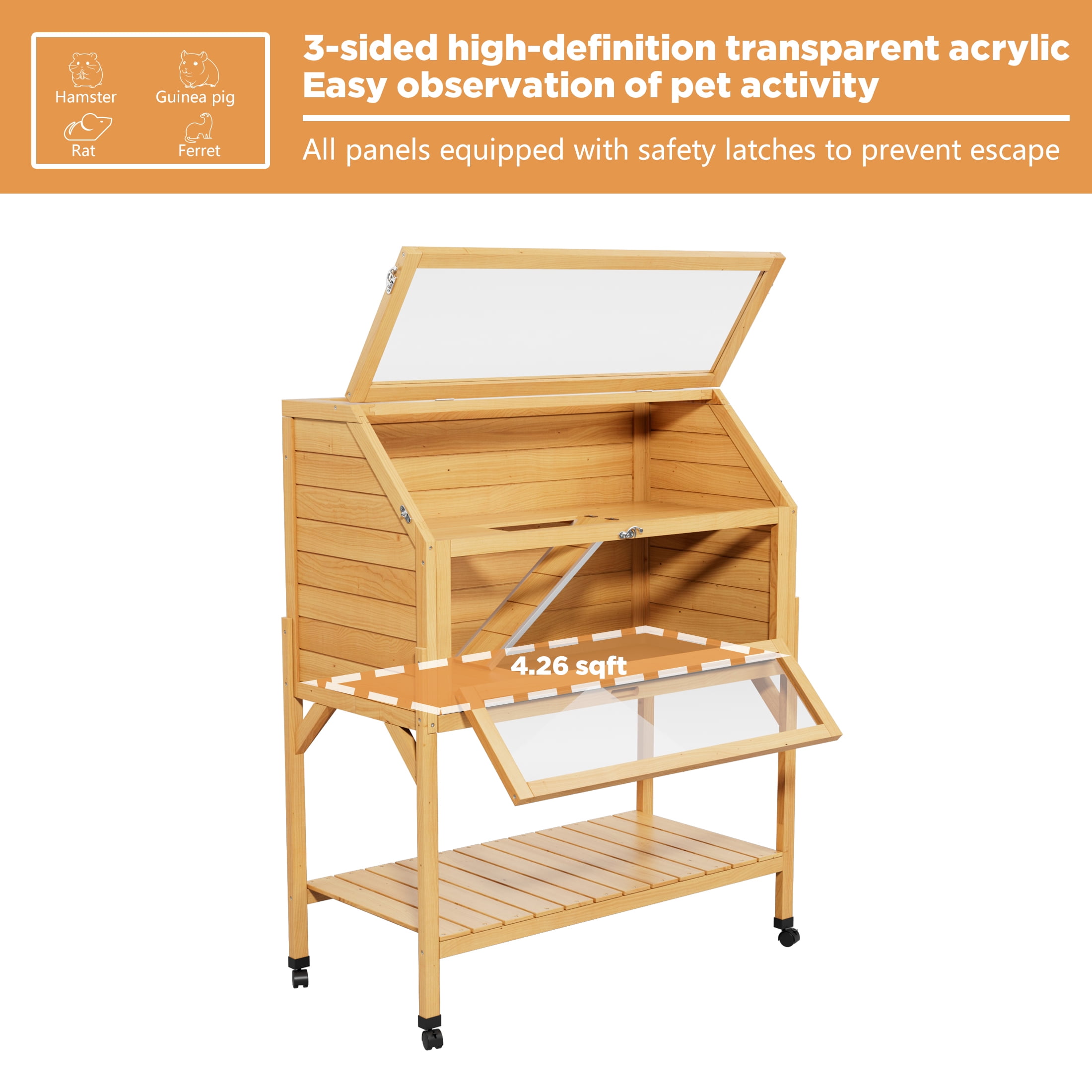 Chew Proof Wooden Hamster Cage with Storage Shelf, Movable 2 Tier Hamster Enclosure with 3 Acrylic Window, Natural