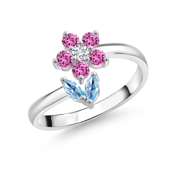 Gem Stone King 925 Sterling Silver Swiss Blue Topaz Pink Created Sapphire and White Lab Grown Diamond Flower Open Ring for Women (0.49 Cttw, Gemstone November Birthstone, Size 5)