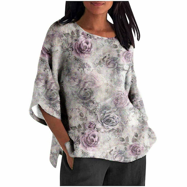 Mujeres 3/4 Manga Tops Y Blusas de Impresión Suelta Camisa Cortada, Casual Cuello Redondo Blusa para la Primavera Y el Verano