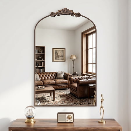 Cuteday Vintage Wall Mirror 24 x36 Arched Mirror for Vanity Antique Decorative Mirrors with Carved Metal Frame for Bedroom Living Room Entryway Fireplace Hallway Bronze