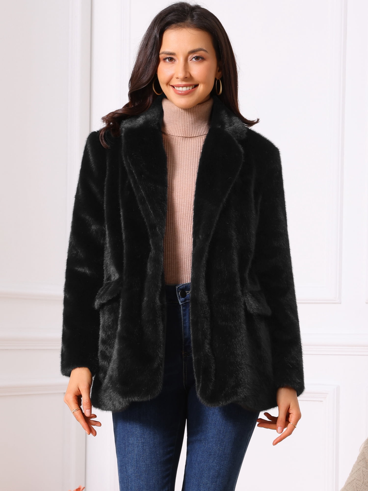 DARING DIVA Women's Faux Fur Coat Open Front Notch Lapel Jacket XL Black
