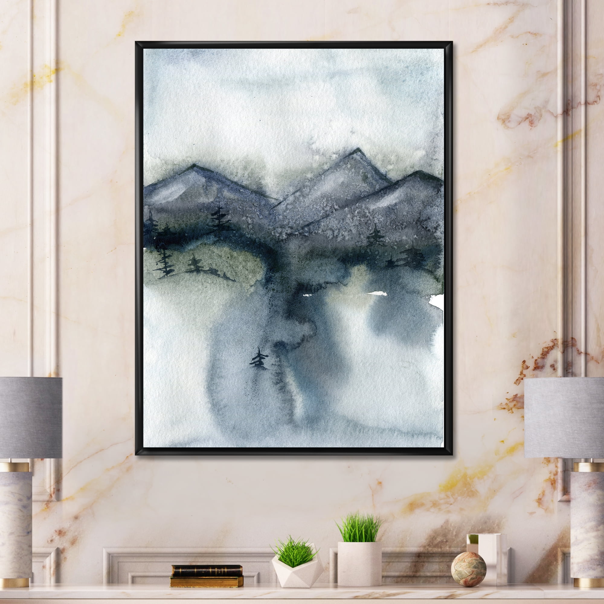 Designart 'Minimalistic Landscape of Mountains Snow and Trees' Modern Framed Canvas Wall Art Print