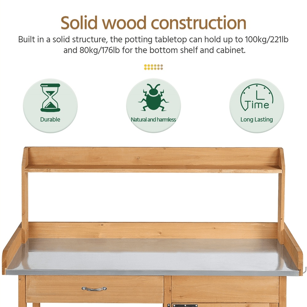 Renwick Outdoor Garden Potting Bench with Cabinet & Open Shelf, Wood