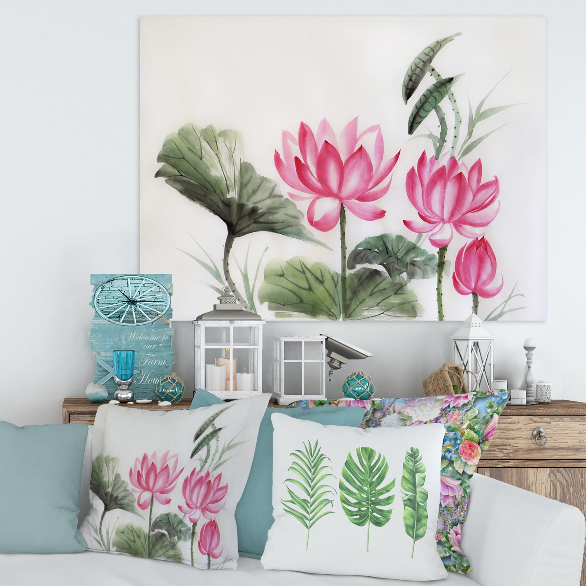 Designart ' Ancient Pink Lotuses In The Pond I ' Traditional Canvas Wall Art Print