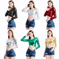 thumbnail image 2 of Fashion Glossy V Neck Crosses Wrap Long Sleeve Crop Top for Raves Parties Event Women Metallic Wetlook Bodycon T-Shirt, 2 of 9